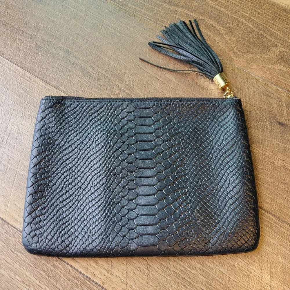 GiGi New York Black Python Embossed Leather Tassel Clutch Monogram JCB